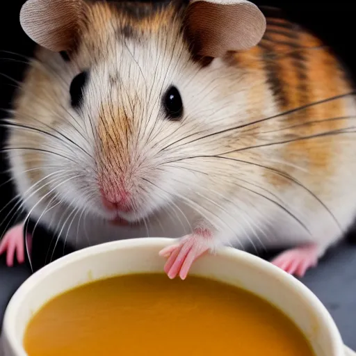 Image similar to detailed photo of a hamster eating soup, various poses, full body, daylight, 8 k