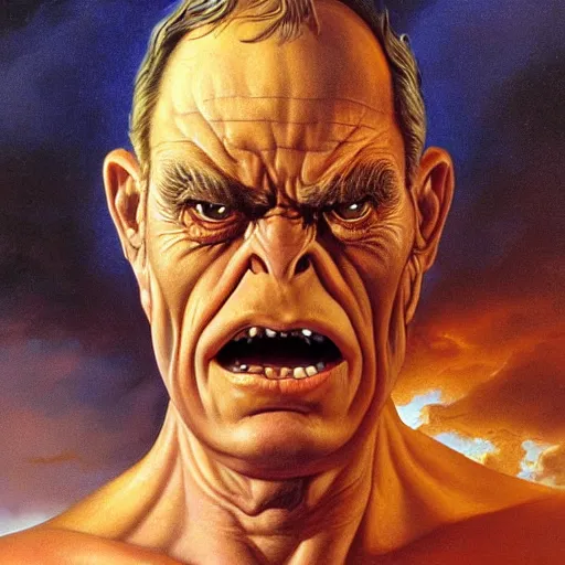 Image similar to very closeup face, big eyes, angry old man, surrealism, painting by boris vallejo and michael whelan