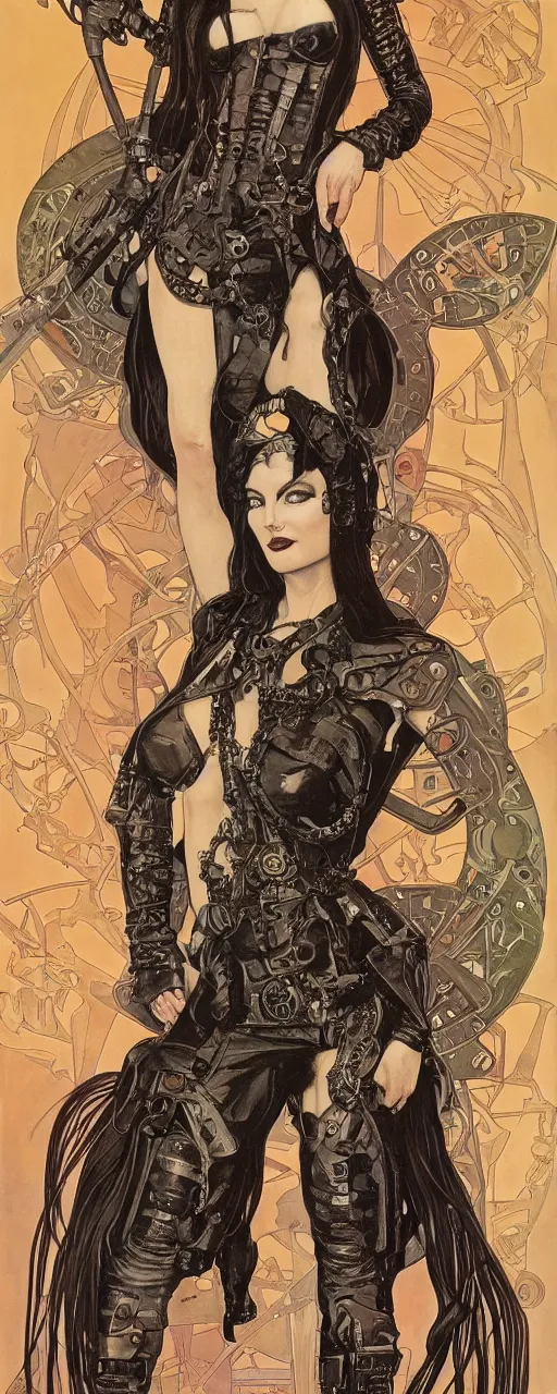 Image similar to a beautiful and captivating art nouveau industrial style portrait of morticia adams as a heavy metal rebel soldier by chris achilleos, travis charest and alphonse mucha, mixed media painting, photorealism, extremely hyperdetailed, perfect symmetrical facial features, perfect anatomy, ornate declotage, circuitry, technical detail, confident expression