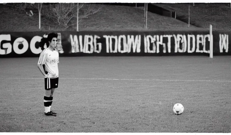 Image similar to A soccer player waiting to take a penalty, 35mm film, by Gregg Araki