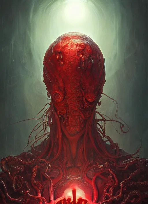 Image similar to Portrait of a Mind Flayer, red glowing eyes, fantasy, extremely detailed, digital painting, artstation, concept art, smooth, sharp focus, illustration, stunning lighting, art by artgerm and greg rutkowski and alphonse mucha and simon stalenhag, realistic character concept, high fantasy, dark atmosphere, golden ratio, cinematic lighting, hyperdetailed, high resolution, insanely detailed and intricate, artstation, Marc Simonetti, Greg Rutkowski, 8k