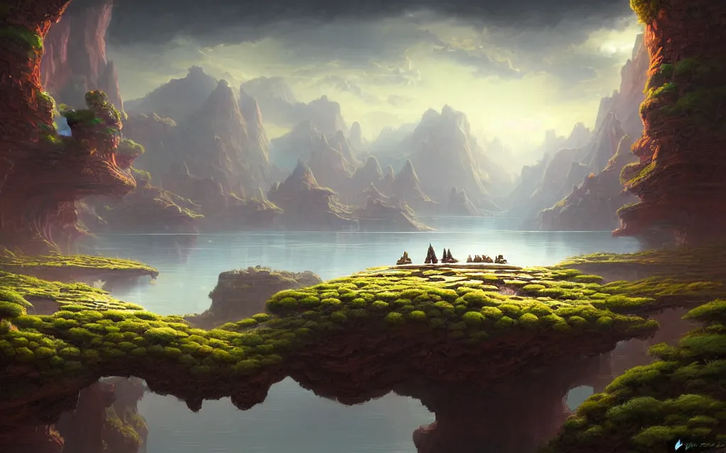 Prompt: a beautiful highly detailed matte painting of an alien planet with giant lotus flowers with a lake surrounded by a canyon and rocks. by Jose Daniel Cabrera Pena and Leonid Kozienko, Noah Bradley concept art