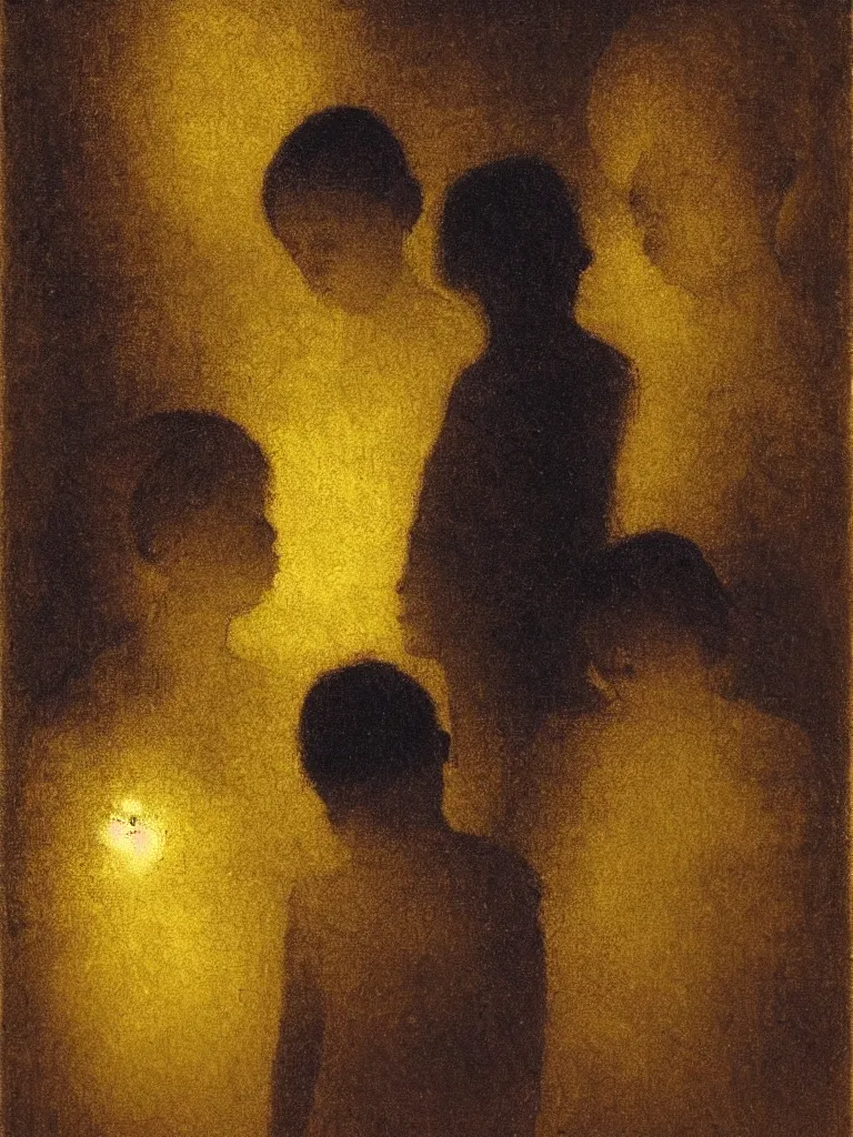 Image similar to backlit portrait of 2 kids at night, by odilon redon, high definition, intricate details, atmospheric, vegetation, small town