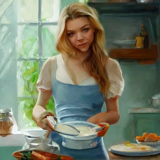 Image similar to Natalie Dormer making breakfast for her husband painting by Vladimir Volegov