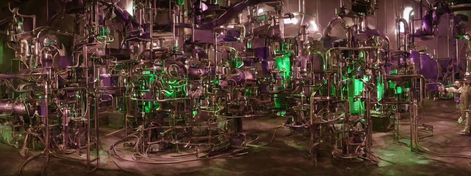 Image similar to a super high resolution film still of machine apparatus for making snake oil, huge copper machine fed by a hopper of snakes, purple and green pipework, directed by denis villeneuve, 8 k, snake machine, cinematic lighting