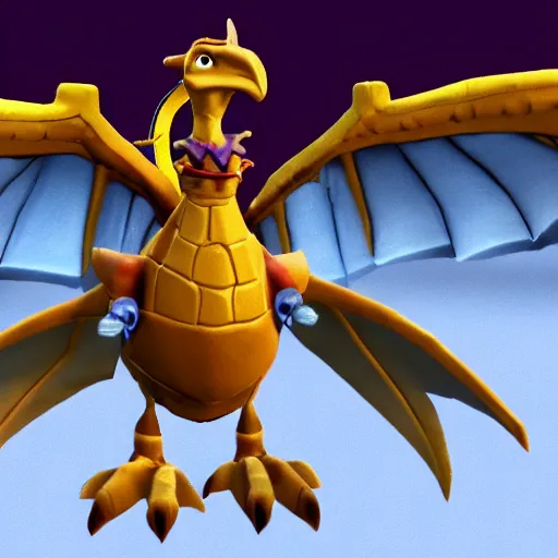 Prompt: screenshot of a humanoid griffin bard with a feather in its cap as an enemy in spyro the dragon video game, with playstation 1 graphics, activision blizzard, upscaled to high resolution