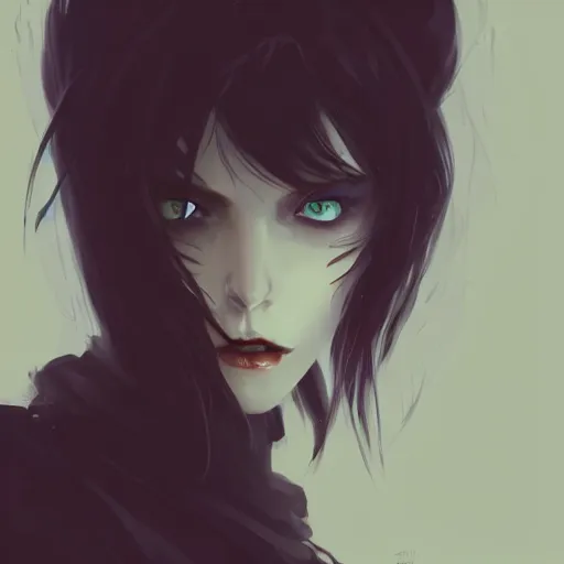 Image similar to female human vampire witch in the style of greg rutkowski, makoto shinkai, trending on artstation, character design, concept art, pretty face, highly detailed, long black hair, portrait, digital art