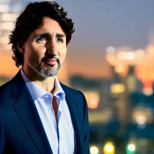 Prompt: a close still of Justin Trudeau. He's wearing a suit and sunglasses, dark. Studio lighting, shallow depth of field. Professional photography City at night in background, lights, colors,4K