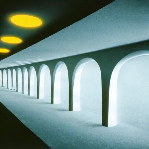 Image similar to color photograph of a retrofuturist liminal pool room with a dark tunnel and terraces, minimalist, oddly familiar, cinematic, dramatic lighting, soft vintage glow, noisy