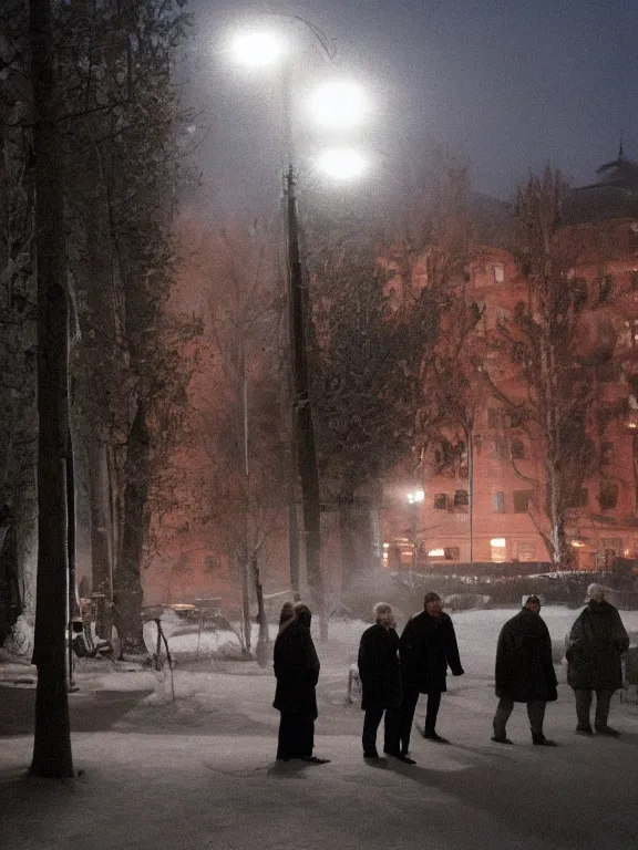 Image similar to film still of russian suburbs, lights are on in the windows, deep night, post - soviet courtyard, cozy atmosphere, light fog, street lamps with orange light, several birches nearby, several elderly people stand at the entrance to the building