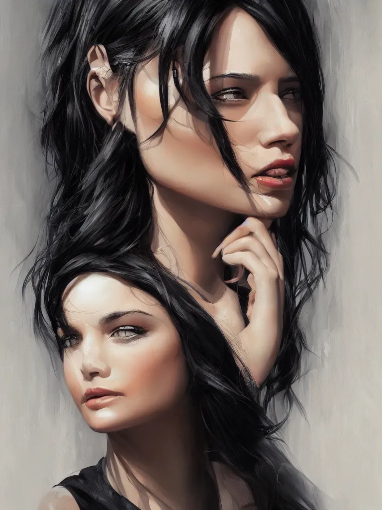 Image similar to portrait of a beautiful woman, black hair, attractive, casual, modern, highly detailed, digital painting, artstation, concept art, smooth, sharp focus, illustration, art by thomas saliot