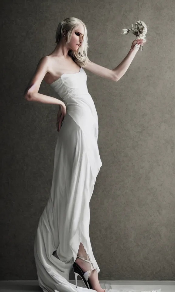 Image similar to photo of gorgeous seductive tall emily skinner cosplaying annie leonhart wearing elegant white dress, wearing open toe heels, in a white room, beautiful face, pale skin, rule of thirds, cinematic lighting, rainy weather, melancholy atmosphere, sharp focus, backlit, stunning, smooth, hard focus, full body shot, studio photo, shot on sony a 7 iii, hyper realistic,