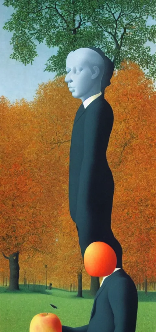 Image similar to Philosopher with apple head walking in the park on an Autumn day by Rene Magritte. Leaves falling. Shadows. Teal color scheme. Powerful sunset.