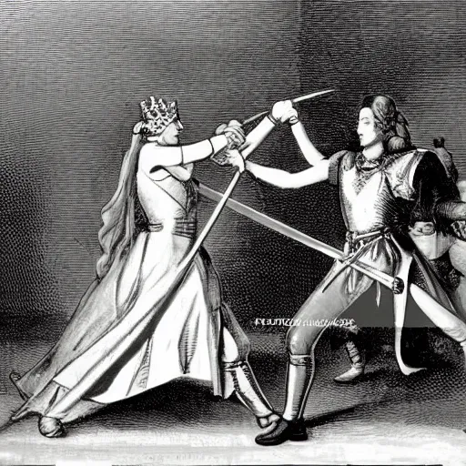 Prompt: photography of queen Elizabeth sword fighting an enemy of the crown