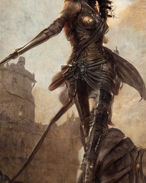 Image similar to highly detailed steampunk gal gadot standing, steel age : leonardo da vinci, greg rutkowski, magali villeneuve