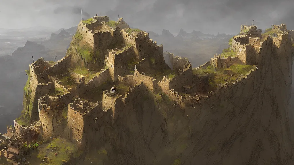 Prompt: top down view of fortified mountain bastion with small flagposts, papyrus, watercolored, jakub rozalski, dark colours, dishonored, artstation