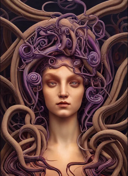 Image similar to medusa, wooden art nouveau swirls, strong subsurface scattering, in the style of james jean and tomasz alen kopera, mystical colors, rim light, soft lighting, 8 k, stunning scene, raytracing, octane render, trending on artstation