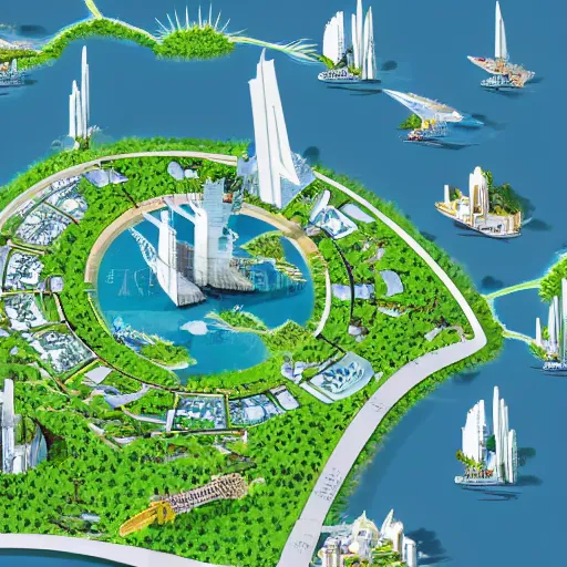 Prompt: a detailed map of a futuristic city located in an island with a lot of vegetation surrounded by water with a few flying ships stationed around it. full color, aerial illustration