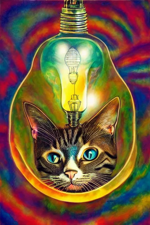 Image similar to portrait of a cat inside a light bulb, modern fine art, dreamscape, intricate, elegant, subsurface scattering, highly detailed, pop art painting, organic acrylic flow art, psychedelic surreal art, acrylic art, watercolor, featured on deviantart, cgsociety