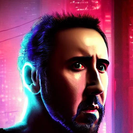 Image similar to nicolas cage portrait, cyberpunk 2 0 7 7, cyberpunk v, rogue amendiares, photorealistic, ultra detailed, neon, octane, bokeh, cinematic lighting, cyber, cyberpunk city, studio quality, feature, scars, cyberface, 8 k