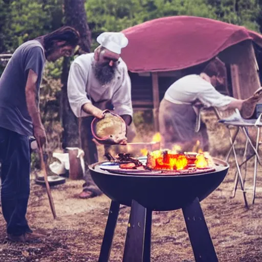 Image similar to old bearded cooking barbeque on the surface if the moon with the earth visible in the background