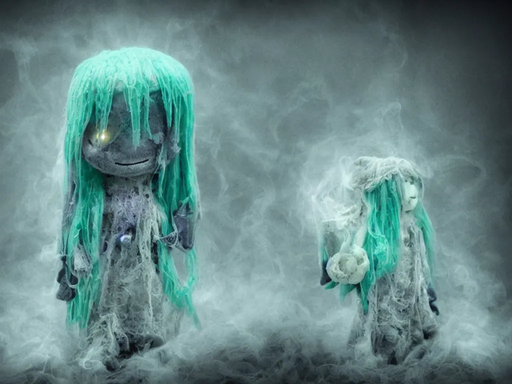Prompt: cute fumo plush smiling ectoplasmic jellyfish ghost girl lingering in a mysterious concrete organic ruin, patchwork doll chibi gothic maiden in tattered melting rags, glowing wisps of hazy green smoke and eerie blue volumetric fog swirling about, moonlight, glowing lens flare, black and white, vray