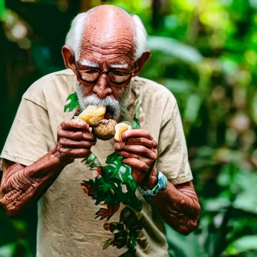 Image similar to an elderly man eating a mushroom in lush tropical jungle, 🍄, canon eos r 3, f / 1. 4, iso 2 0 0, 1 / 1 6 0 s, 8 k, raw, unedited, symmetrical balance, in - frame