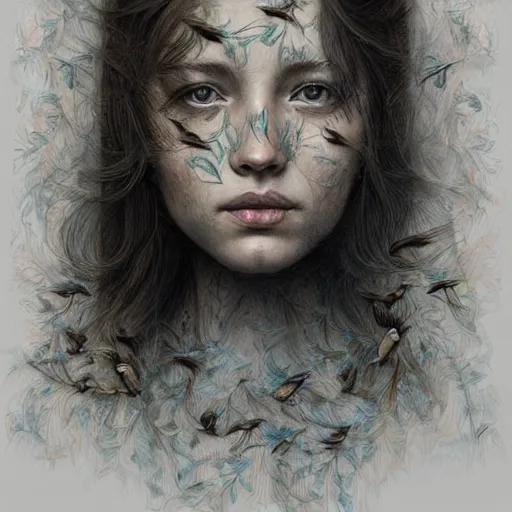 Prompt: an intricate detailed women portrait with birds by marco mazzoni