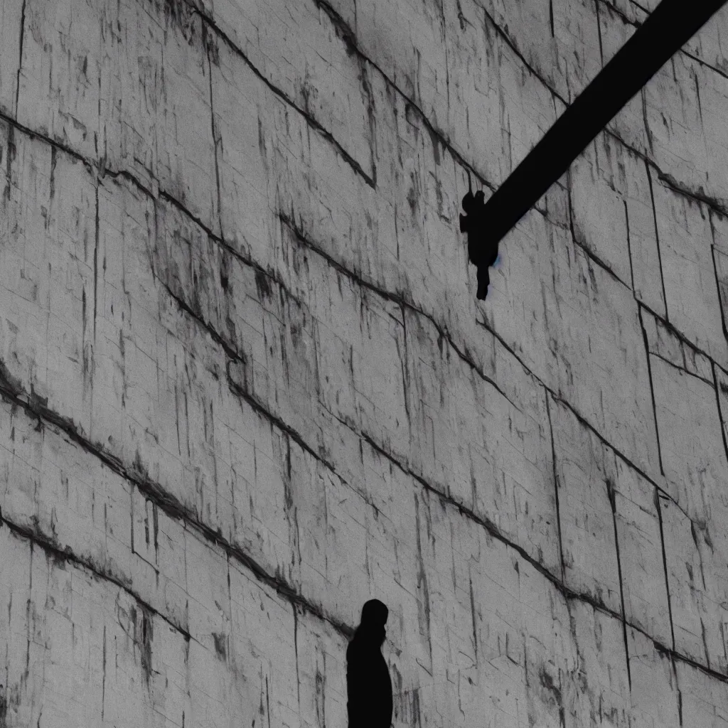 Image similar to black and white security camera image of a black silhouette of a man caught in an abandoned brutalism structure