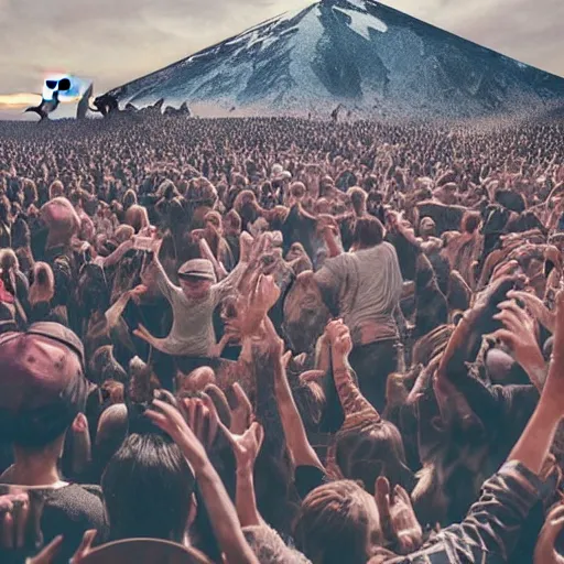 Prompt: “eskimo people crowd mosh pit on a rave in tundra with a deer playing on turntables, beautiful matte painting, hyperrealism, octane render, hasselblad photo”