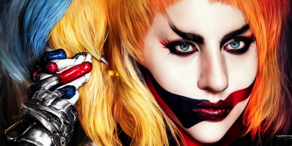 Image similar to lady gaga play harley quinn, beautiful, golden hour, sharp focus, ultra detailed, cgsociety