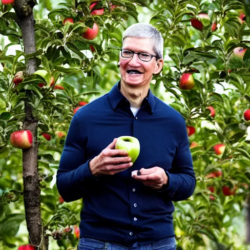 Image similar to tim cook eating apple inside an apple tree