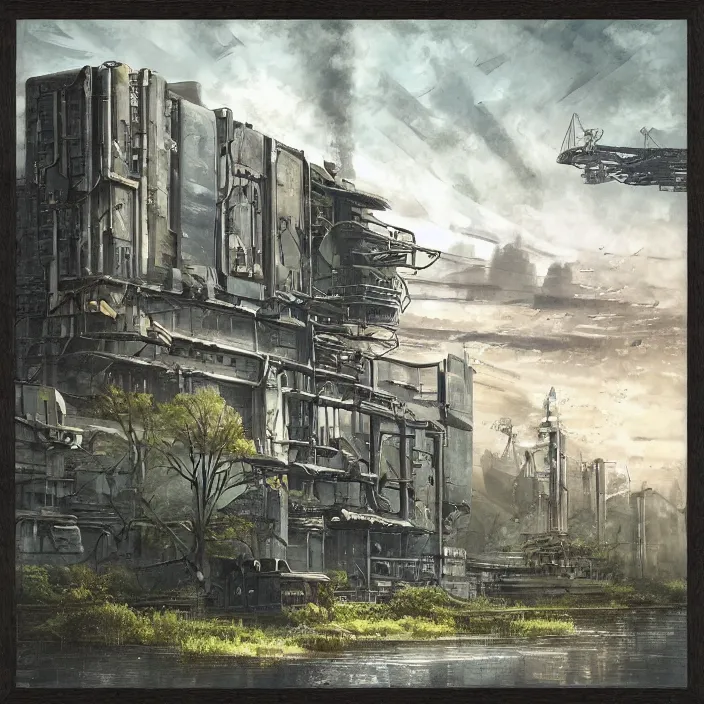 Image similar to a building in a serene landscape, dieselpunk