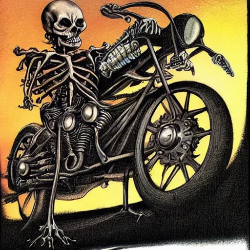 Prompt: richard corben style album cover artwork painting of ghost rider skeleton on a motorcycle