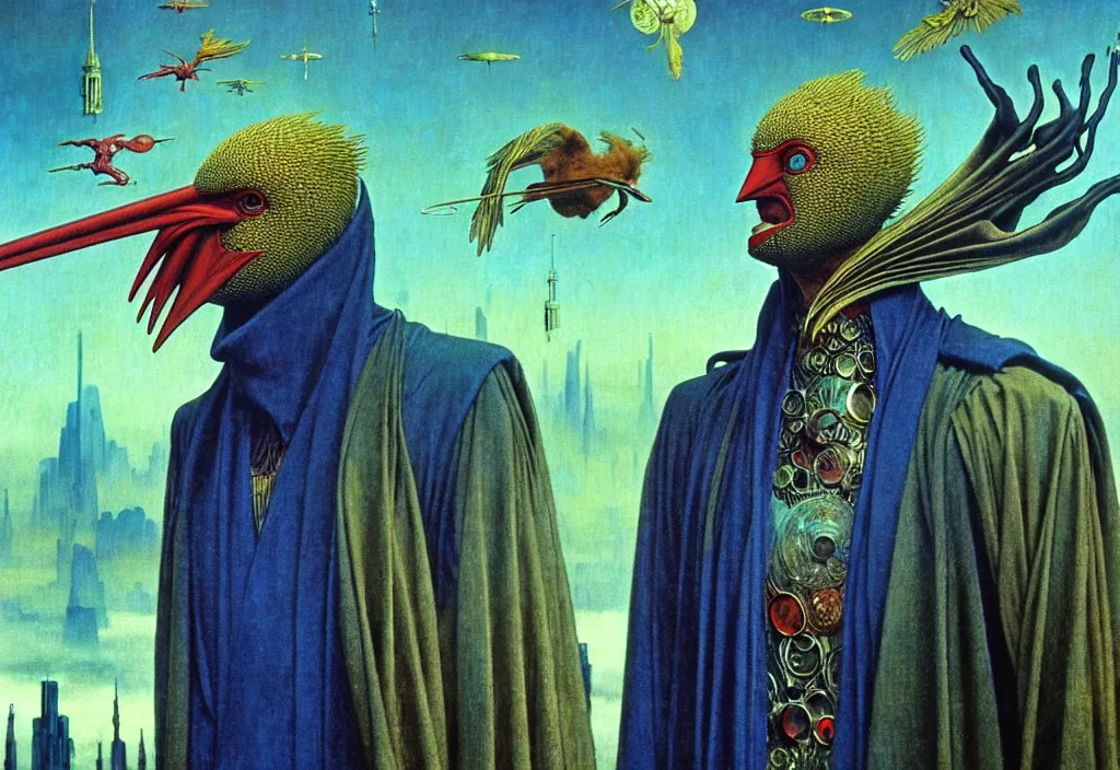 Prompt: realistic detailed portrait movie shot of a birdman wearing dark robes, sci fi city landscape background by denis villeneuve, amano, yves tanguy, alphonse mucha, ernst haeckel, max ernst, roger dean, masterpiece, rich moody colours, blue eyes, mysterious