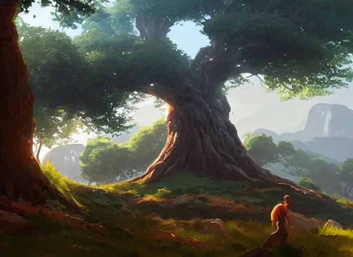 Prompt: concept art painting of a giant oak tree on a hill in a valley surrounded by forest, surrounded by mountains, realistic, by makoto shinkai and moebius and anton fadeev and greg rutkowski and james gurney