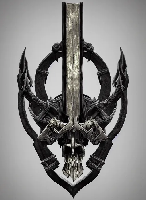 Image similar to a black great sword mini skull crest, orthographic, ornament, weapon, a 3 d render by dom qwek, front side full, trending on polycount, artstation, hard surface modeling, rendered in maya, zbrush, blender, hd, vray, berserk, symmetry