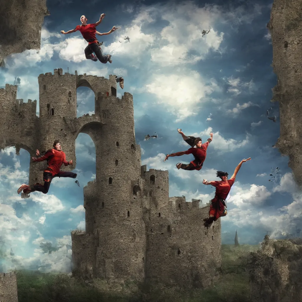 Image similar to full body of one man jumping from a castle in the air, digital art, 3 d