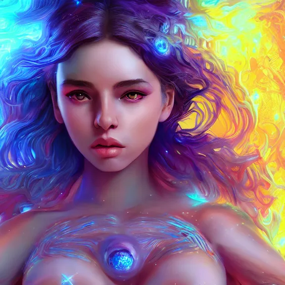 Image similar to highly detailed close up portrait of a celestial girl with a body made of cosmic energy, character art, studio lightning, bright colors, intricate, masterpiece, photorealistic, hiperrealistic, sharp focus, high contrast, Artstation HQ, DeviantArt trending, 4k UHD, Unreal Engine 5