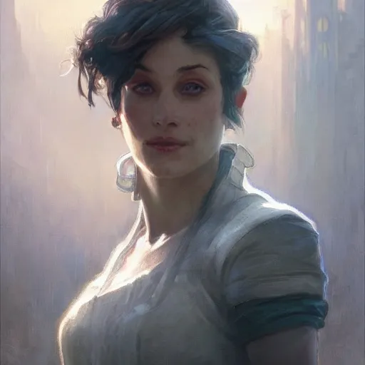 Image similar to closeup portrait of an artificer, dungeons and dragons character, dramatic lighting, castle background, gorgeous view, realistic, high detail, digital art, painted by greg rutkowski, painted by jeremy mann, painted by alphonse mucha, trending on artstation