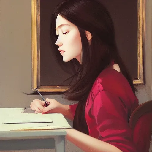Image similar to oil painting by ilya kuvshinov,, baugh casey, rhads, coby whitmore, of a youthful japanese beauty, long hair, sitting on antique chair leaning against a desk, victorian room, highly detailed, breathtaking face, studio photography, dawn, intense subsurface scattering, blush, supple look, innocence, soft spray