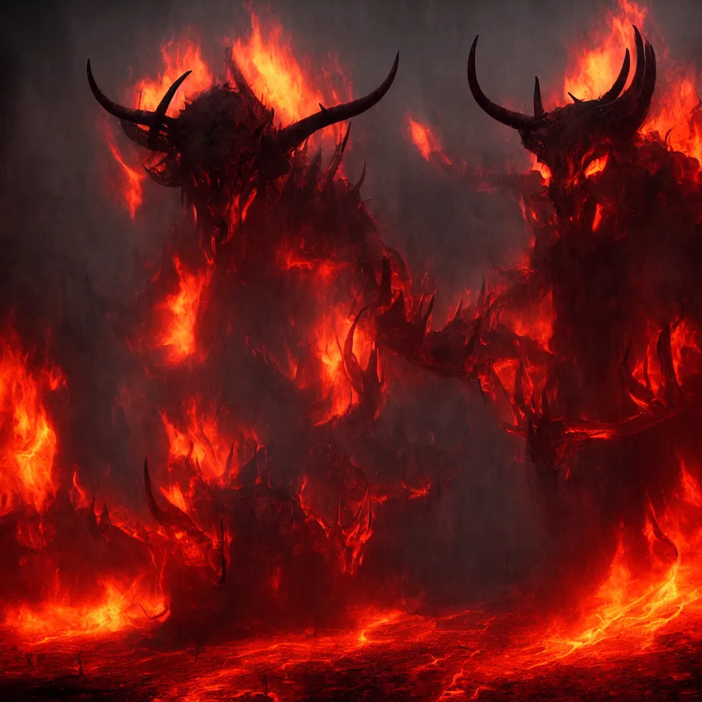 Prompt: A demon with horns in a fiery hell, central composition, dark and mysterious, atmospheric, ominous, eerie, cinematic, 4k, ultra detail, ultra realistic