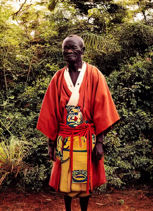 Prompt: analogue photo of an igbo chief in Haori & Hakama, 35mm, f/1.4, Golden Hour light, national geographic, photographed by Martha Cooper,