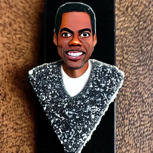 Prompt: miniature chris rock made of crystallized sugar on a wooden stick