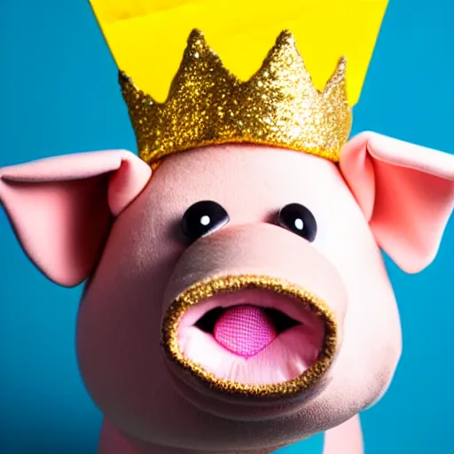 Image similar to studio photograph of a smiling pig depicted as a muppet wearing a gold crown eating from a snack bag with a yellow background, front view