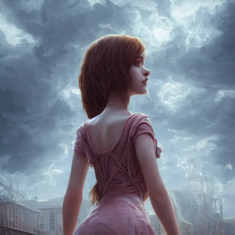 Image similar to a beautiful Cotton Mill Girl, symmetrical, centered, dramatic angle, ornate, details, smooth, sharp focus, illustration, realistic, cinematic, artstation, award winning, rgb , unreal engine, octane render, cinematic light, macro, depth of field, blur, red light and clouds from the back, highly detailed epic cinematic concept art CG render made in Maya, Blender and Photoshop, octane render, excellent composition, dynamic dramatic cinematic lighting, aesthetic, very inspirational, arthouse by Henri Cartier Bresson