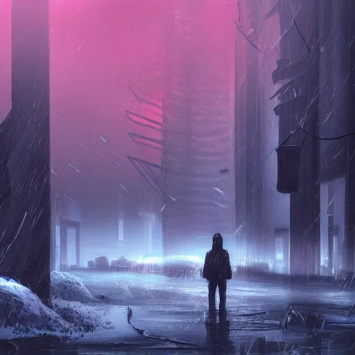 Prompt: mystic winter landscape, cyberpunk atmosphere, horror colors