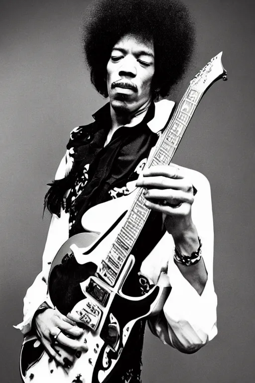 Image similar to photo of jimi hendrix playing guitar, styled by nick knight posing, showstudio, face close up, vogue magazine, 1 9 7 0, canon, highly realistic. high resolution. highly detailed. dramatic. 8 k. 4 k
