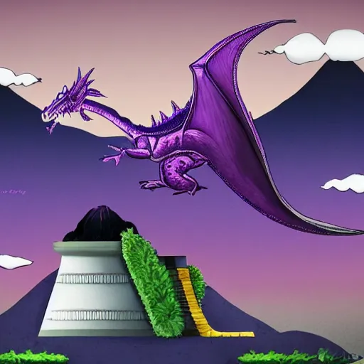 Image similar to a purple dragon fighting a retro spaceship with a volcano in the background