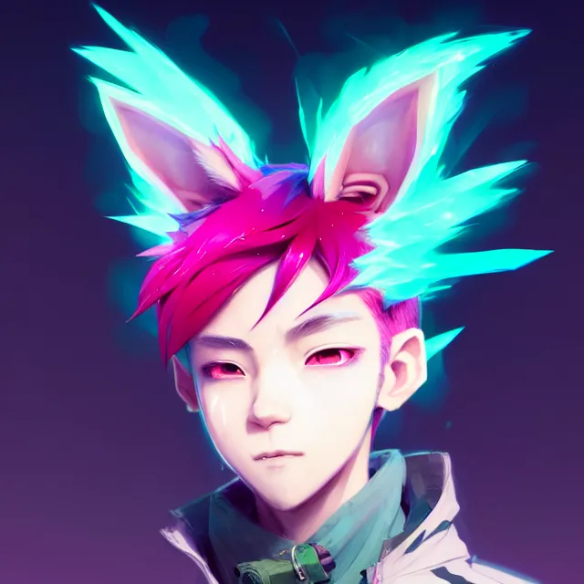 Image similar to a beautiful headshot portrait of a handsome anime male boy with pink hair and pink wolf ears and green eyes wearing cyberpunk clothes. character design by cory loftis, fenghua zhong, ryohei hase, ismail inceoglu and ruan jia. artstation, volumetric light, detailed, photorealistic, fantasy, rendered in octane